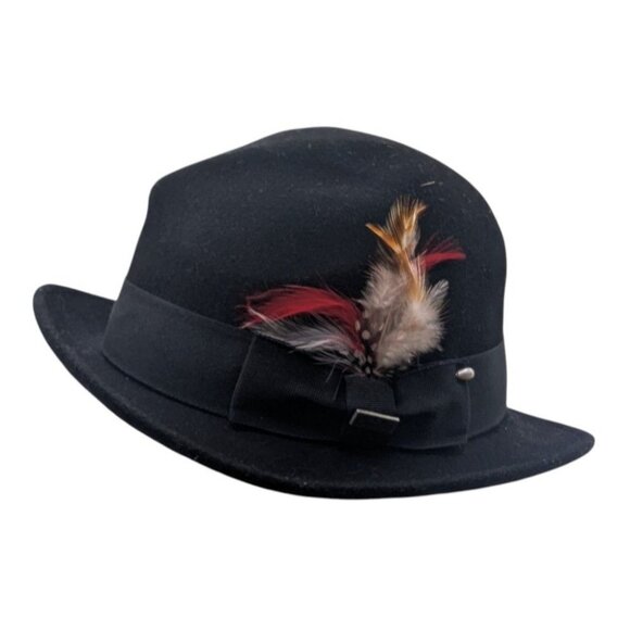 Conner Handmade Wool Fedora Hat Large Black W/ Feather Accent & Ribbon Band - Picture 1 of 9